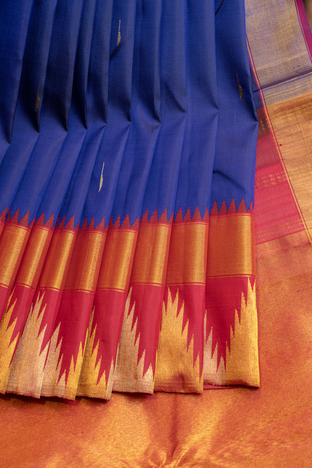 Royal blue and red temple border pure Kanchipuram silk saree
