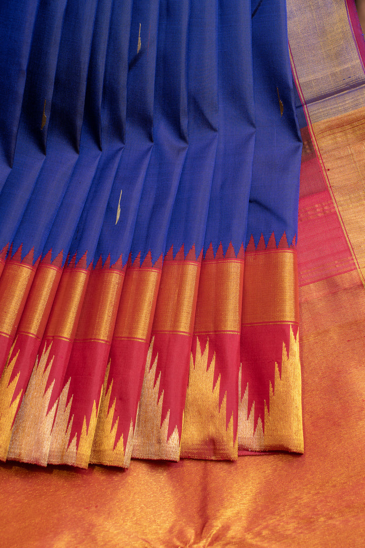 Royal blue and red temple border pure Kanchipuram silk saree