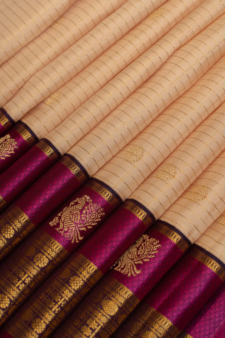 Cream and magenta Muthu Zari checks pure Kanchipuram silk saree
