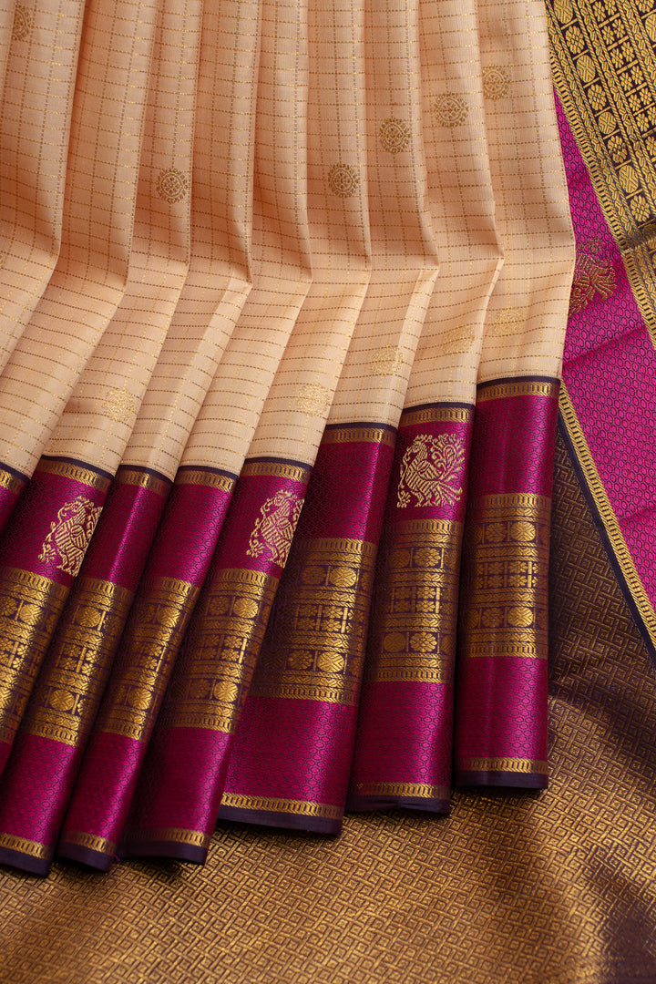 Cream and magenta Muthu Zari checks pure Kanchipuram silk saree