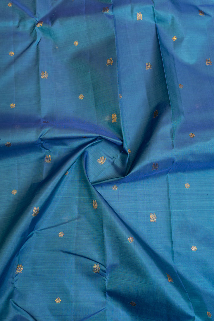 Peacock blue and red  pure Kanchipuram silk saree