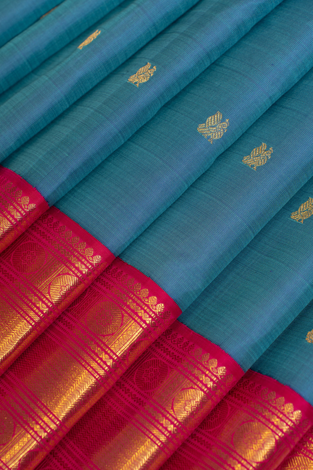 Peacock blue and red  pure Kanchipuram silk saree