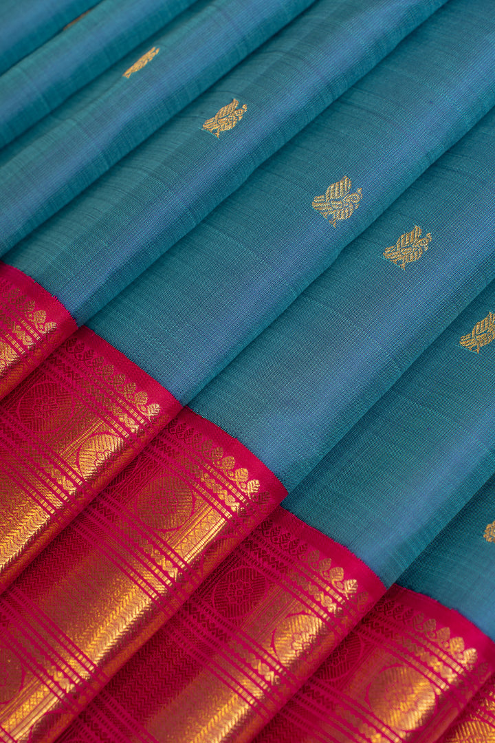 Peacock blue and red  pure Kanchipuram silk saree