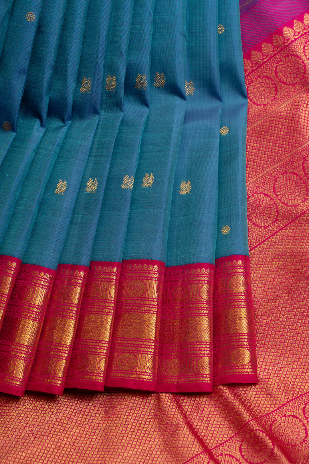 Peacock blue and red  pure Kanchipuram silk saree