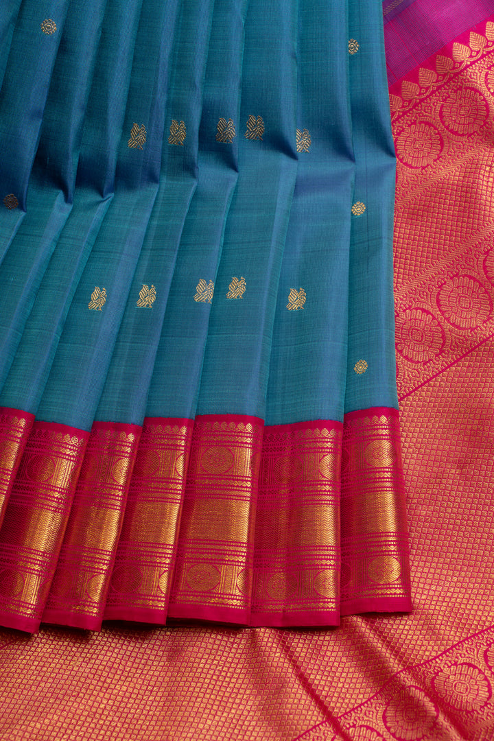 Peacock blue and red  pure Kanchipuram silk saree