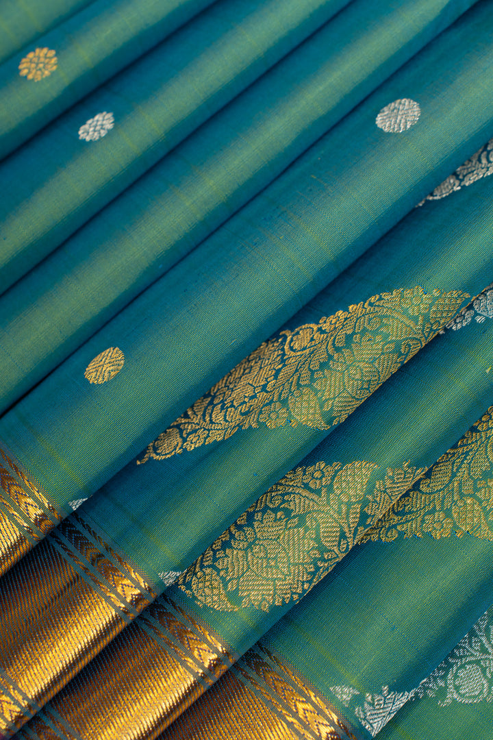 Peacock blue leheriya  pure Kanchipuram silk saree