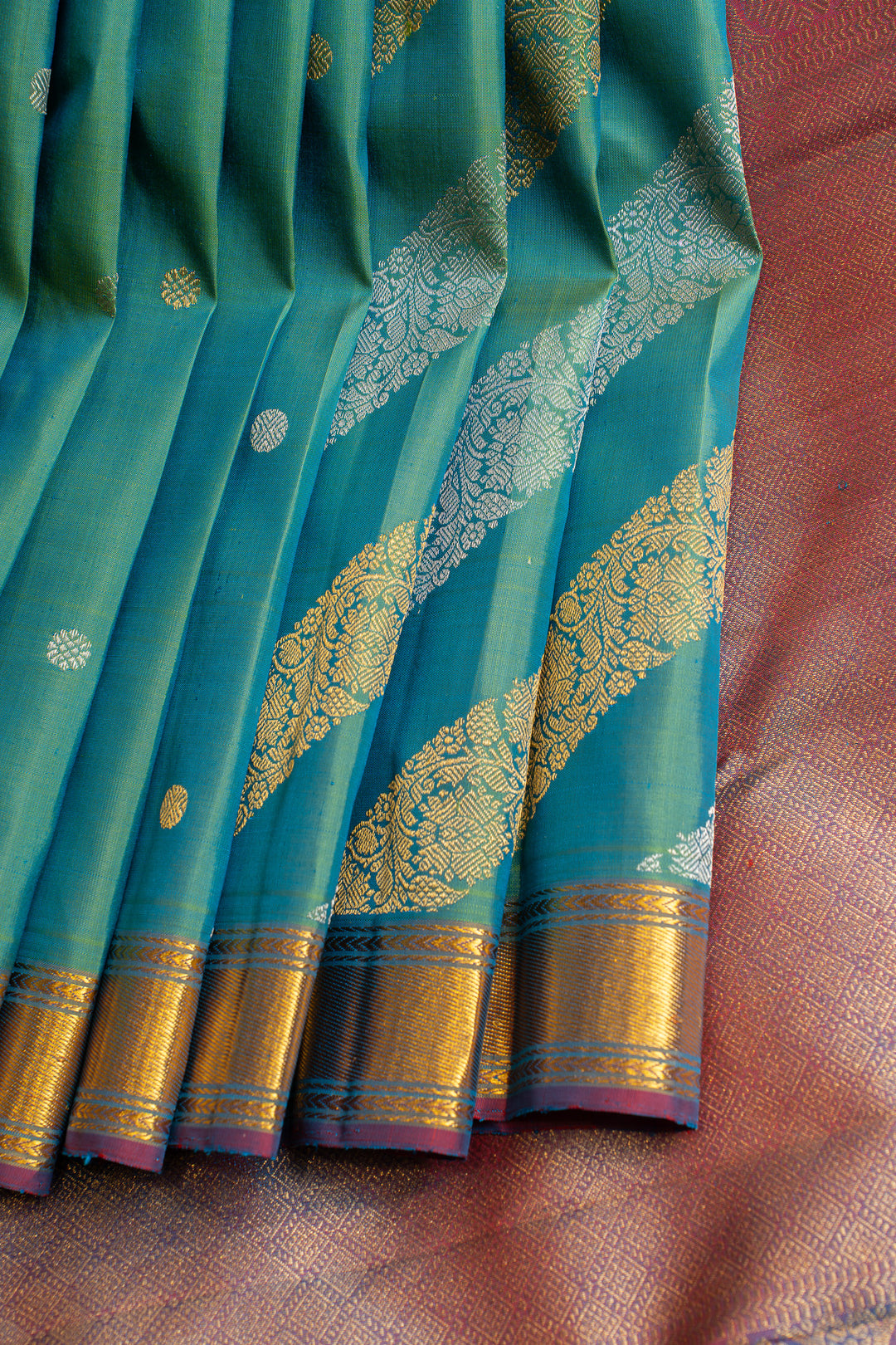 Peacock blue leheriya  pure Kanchipuram silk saree