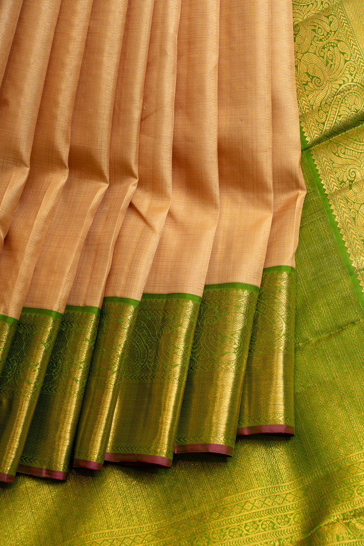 Beige and parrot green  pure Kanchipuram silk saree