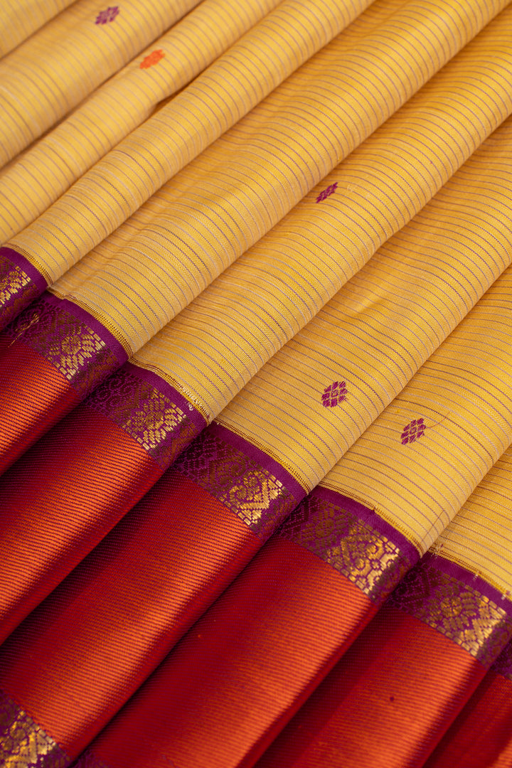 Pastel yellow thread stripes  pure Kanchipuram silk saree