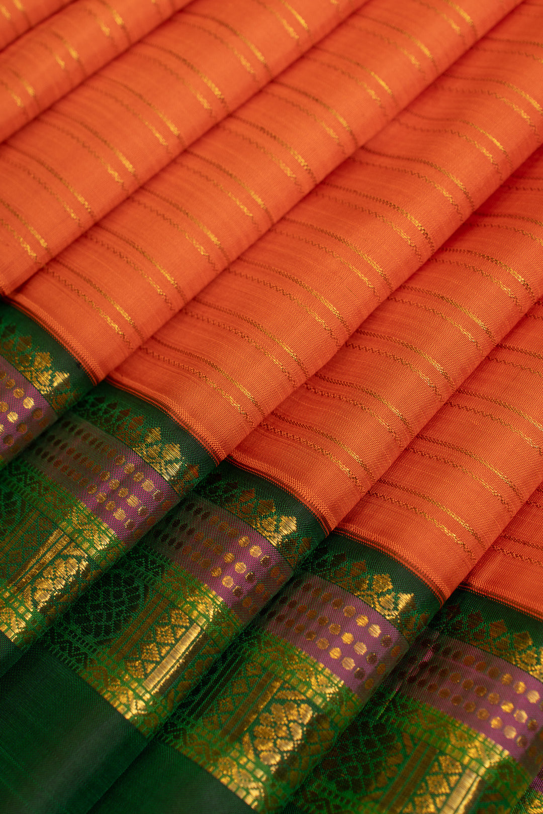 Orange and green stripes  pure Kanchipuram silk saree