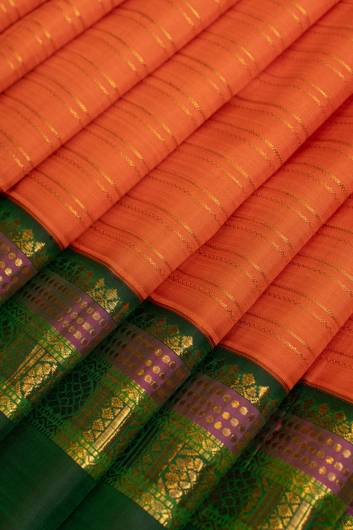 Orange and green stripes  pure Kanchipuram silk saree
