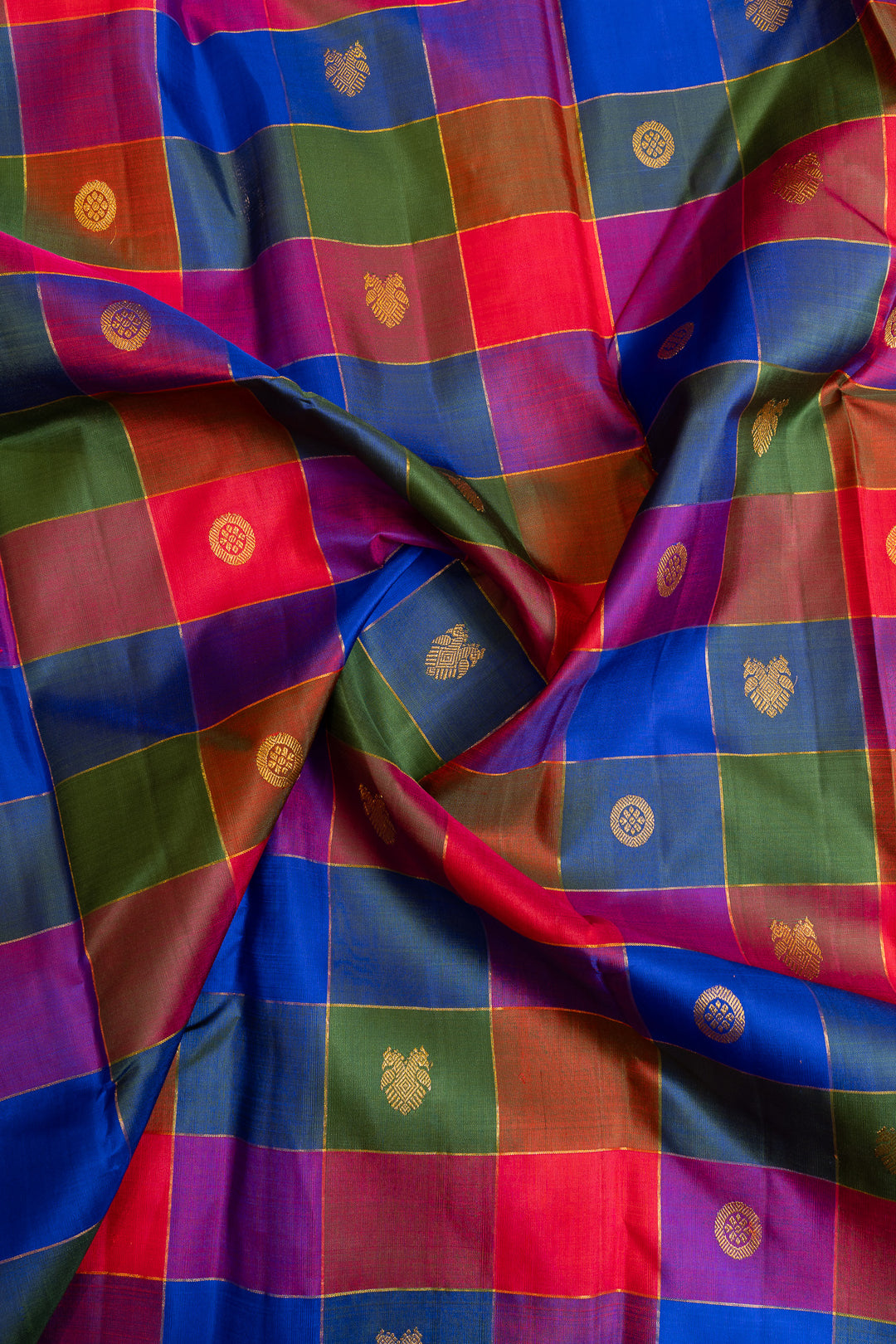 Blue and red multi checks pure Kanchipuram silk saree