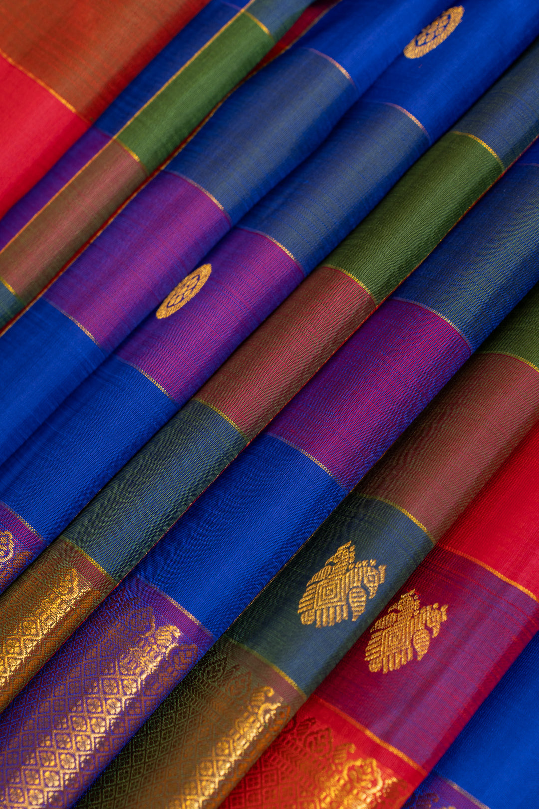 Blue and red multi checks pure Kanchipuram silk saree