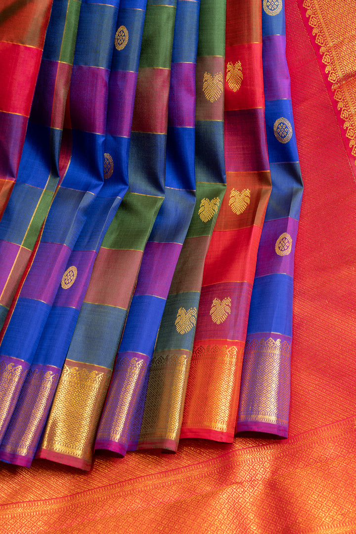 Blue and red multi checks pure Kanchipuram silk saree