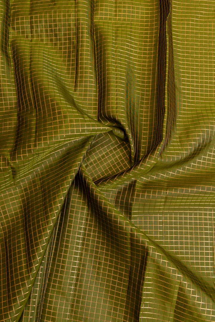 Mehendi green and maroon veldhari Zari checks pure Kanchipuram silk saree