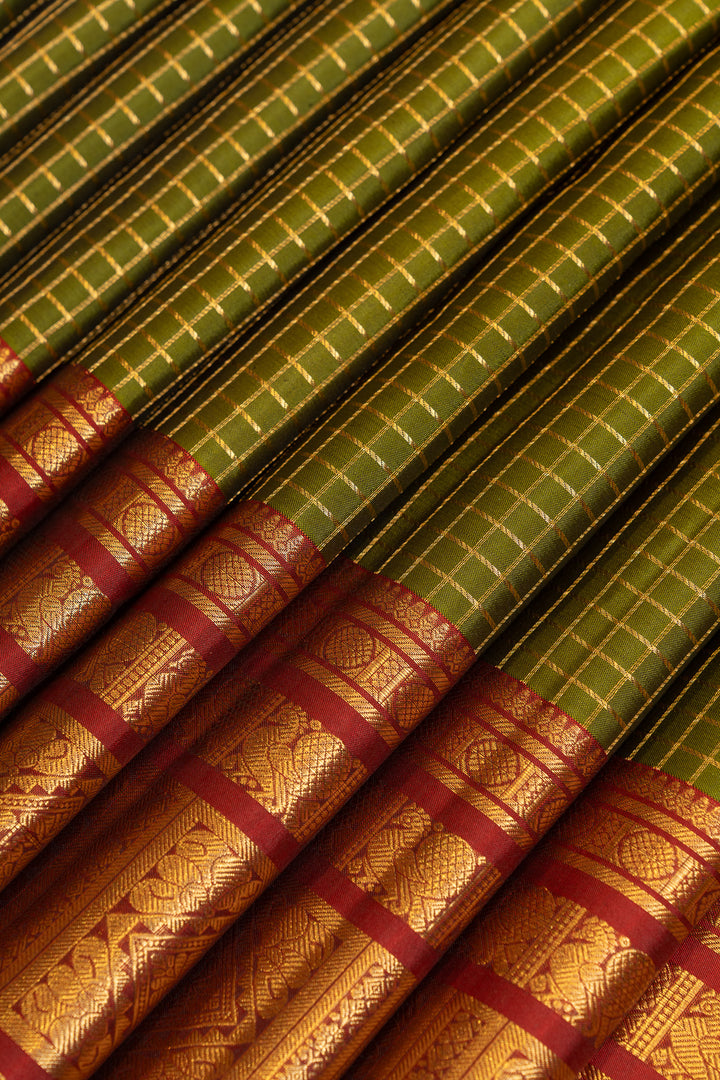 Mehendi green and maroon veldhari Zari checks pure Kanchipuram silk saree