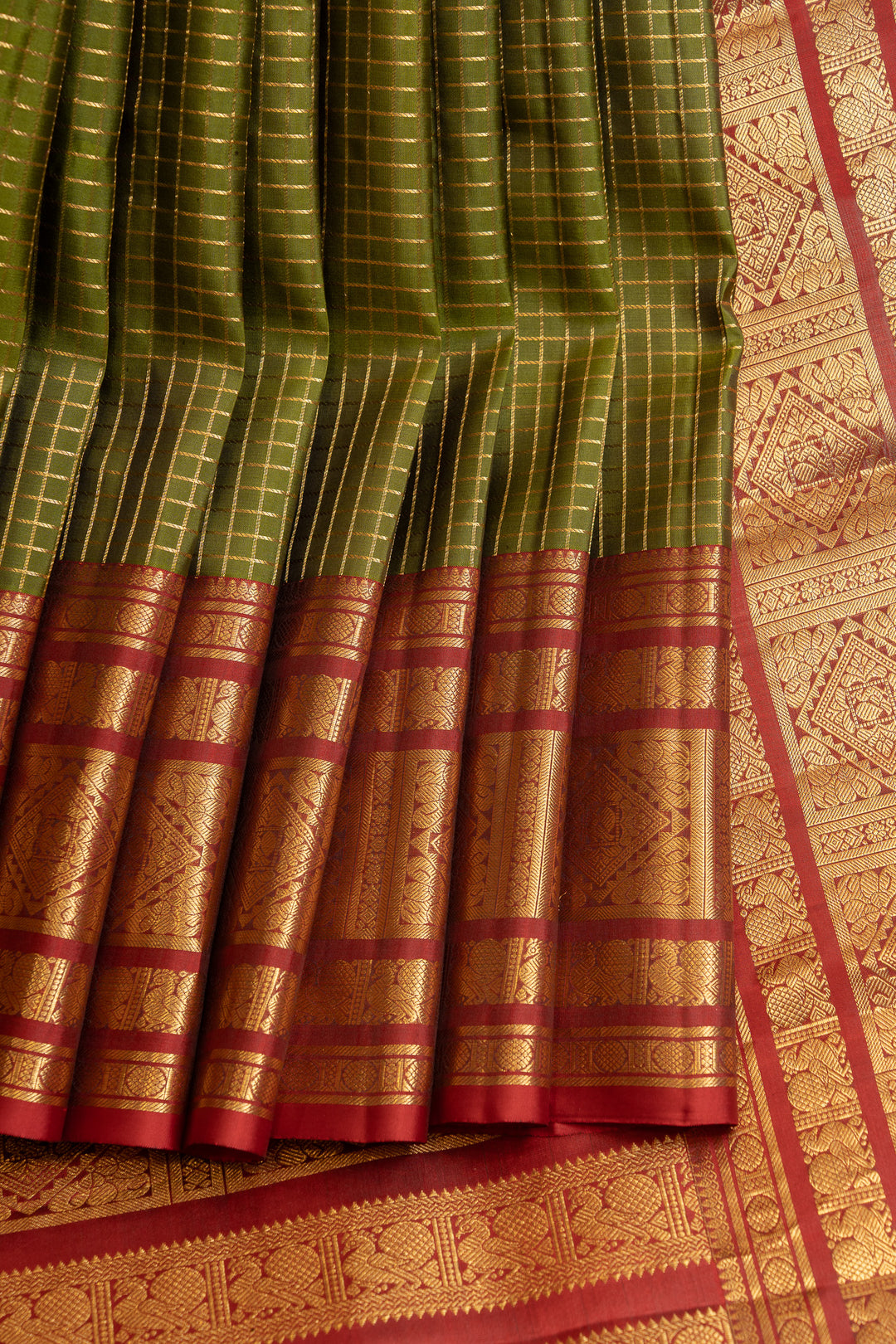 Mehendi green and maroon veldhari Zari checks pure Kanchipuram silk saree