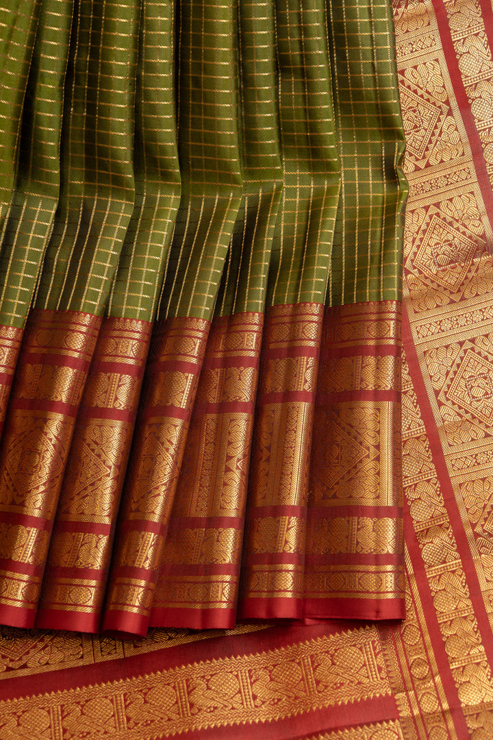 Mehendi green and maroon veldhari Zari checks pure Kanchipuram silk saree