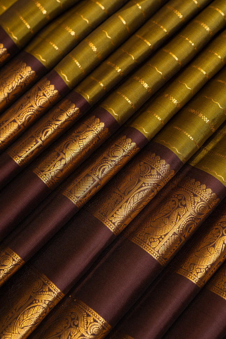 Olive green veldhari stripes pure Kanchipuram silk saree