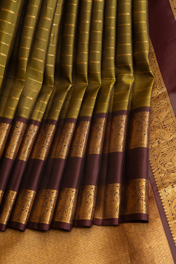 Olive green veldhari stripes pure Kanchipuram silk saree