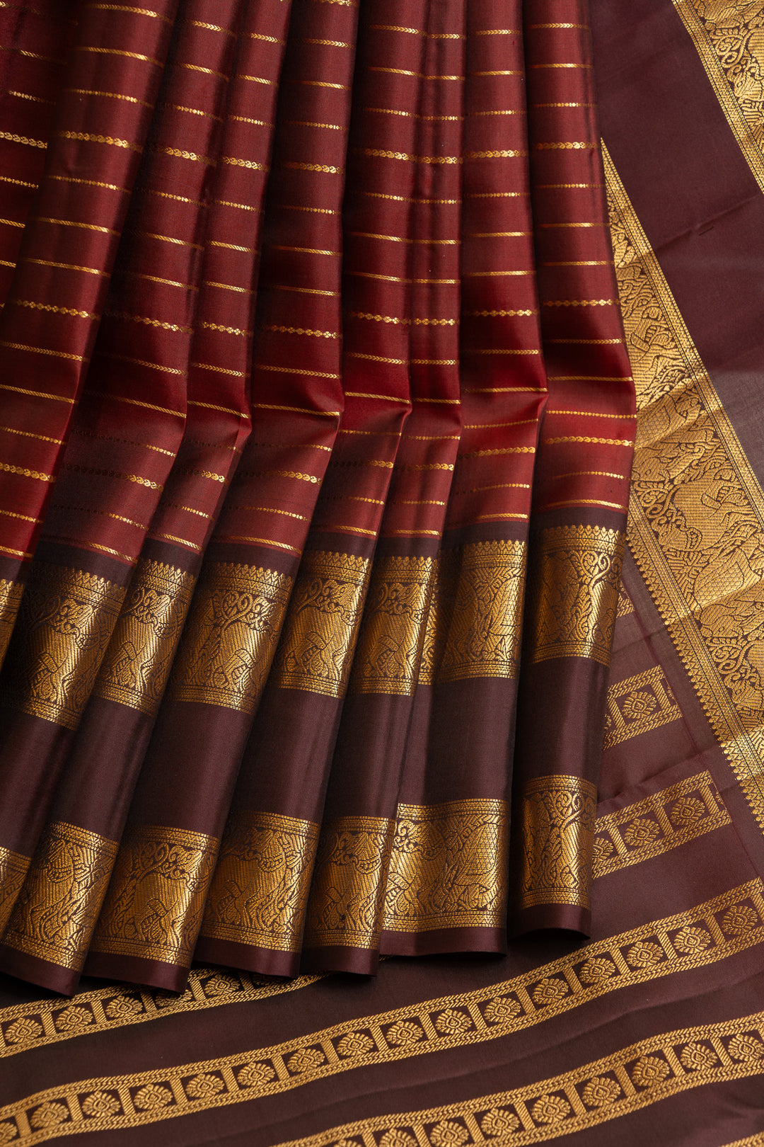 Maroon and jamun stripes pure Kanchipuram silk saree