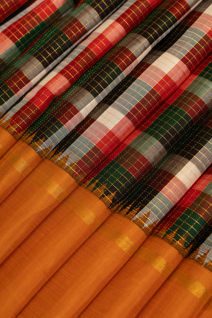 Green and white multi checks pure Kanchipuram silk saree