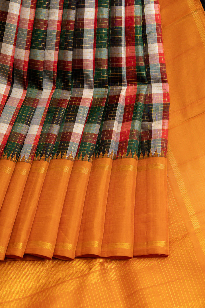 Green and white multi checks pure Kanchipuram silk saree