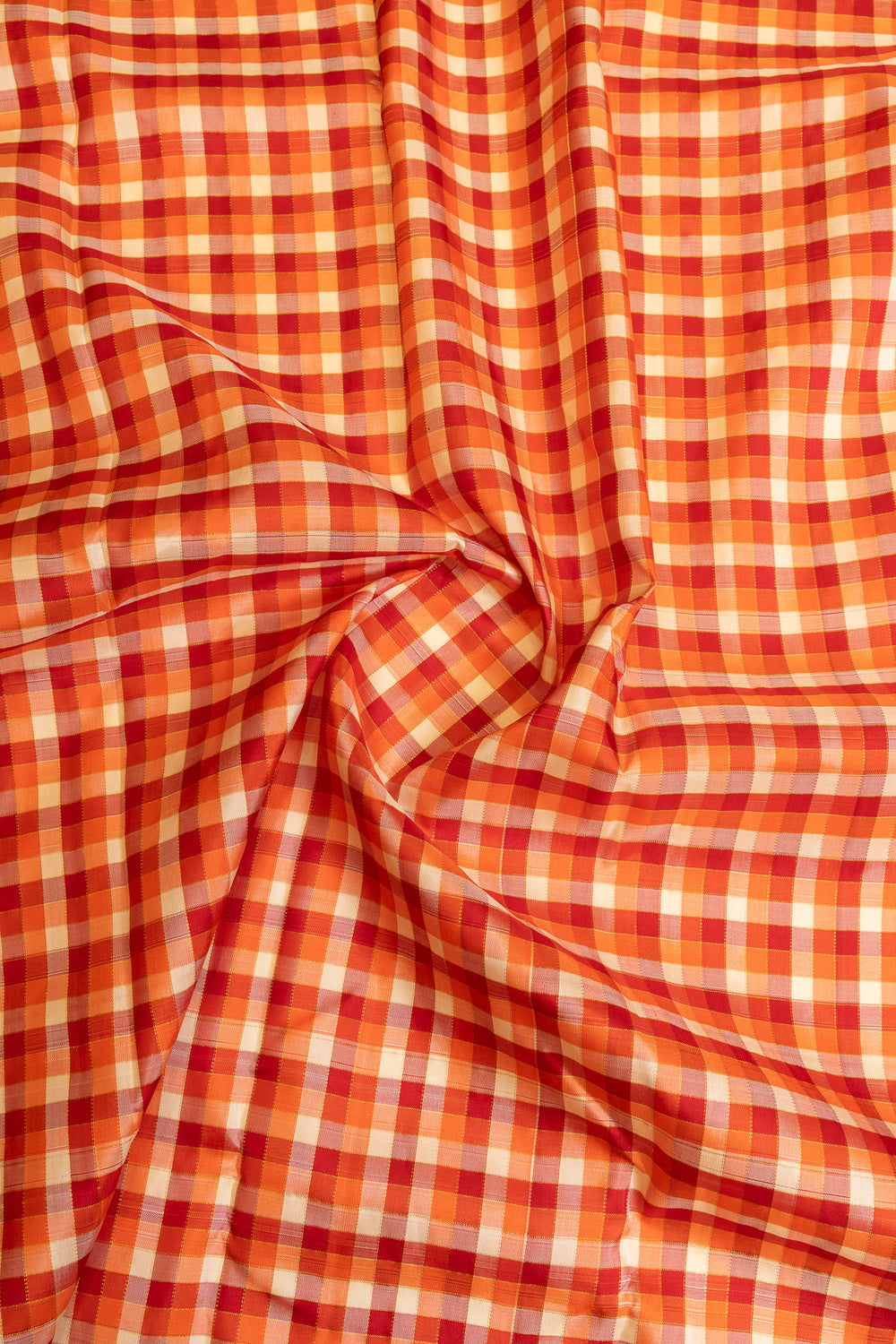 Orange and white multi checks pure Kanchipuram silk saree
