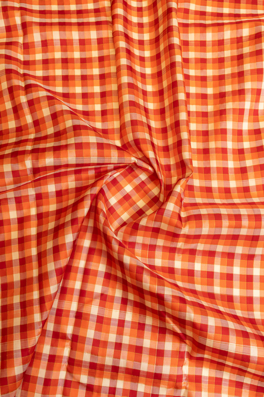 Orange and white multi checks pure Kanchipuram silk saree