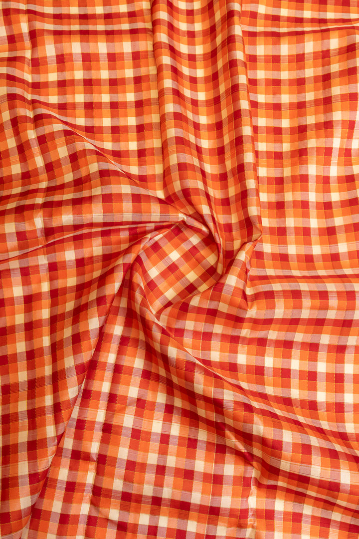 Orange and white multi checks pure Kanchipuram silk saree