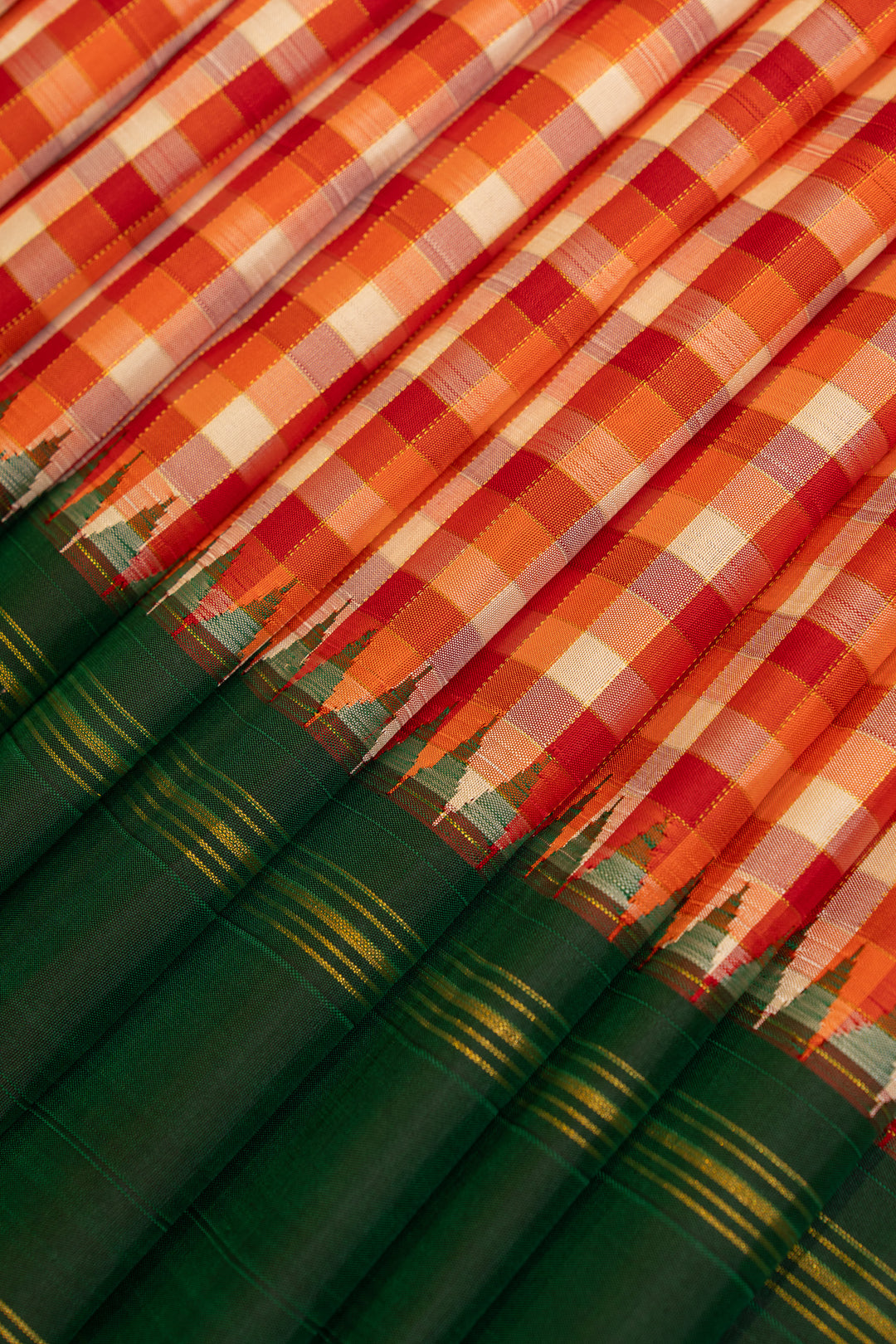 Orange and white multi checks pure Kanchipuram silk saree