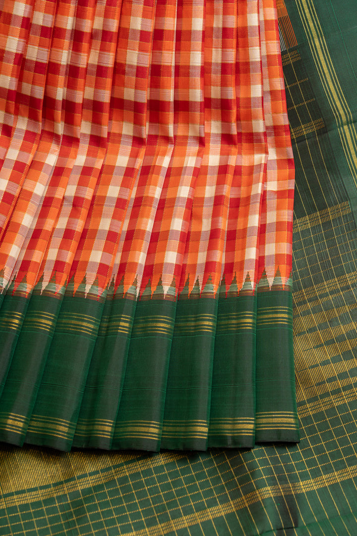 Orange and white multi checks pure Kanchipuram silk saree