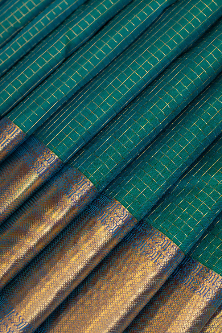 Peacock blue Zari checks pure Kanchipuram silk saree