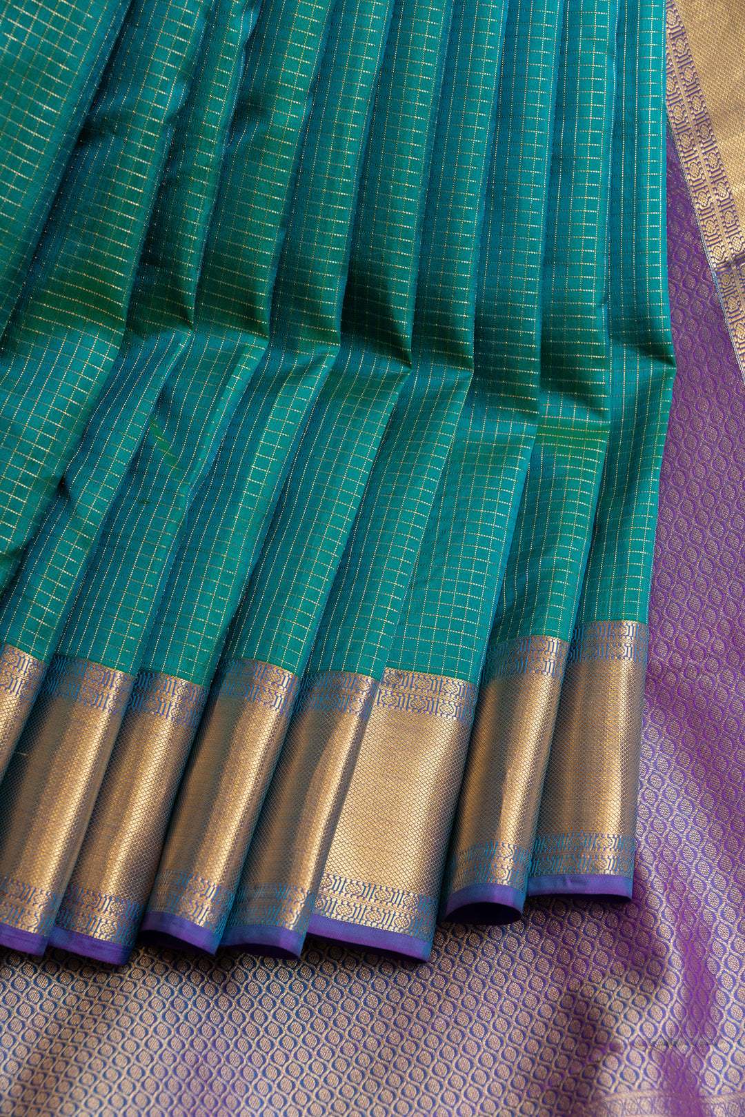 Peacock blue Zari checks pure Kanchipuram silk saree