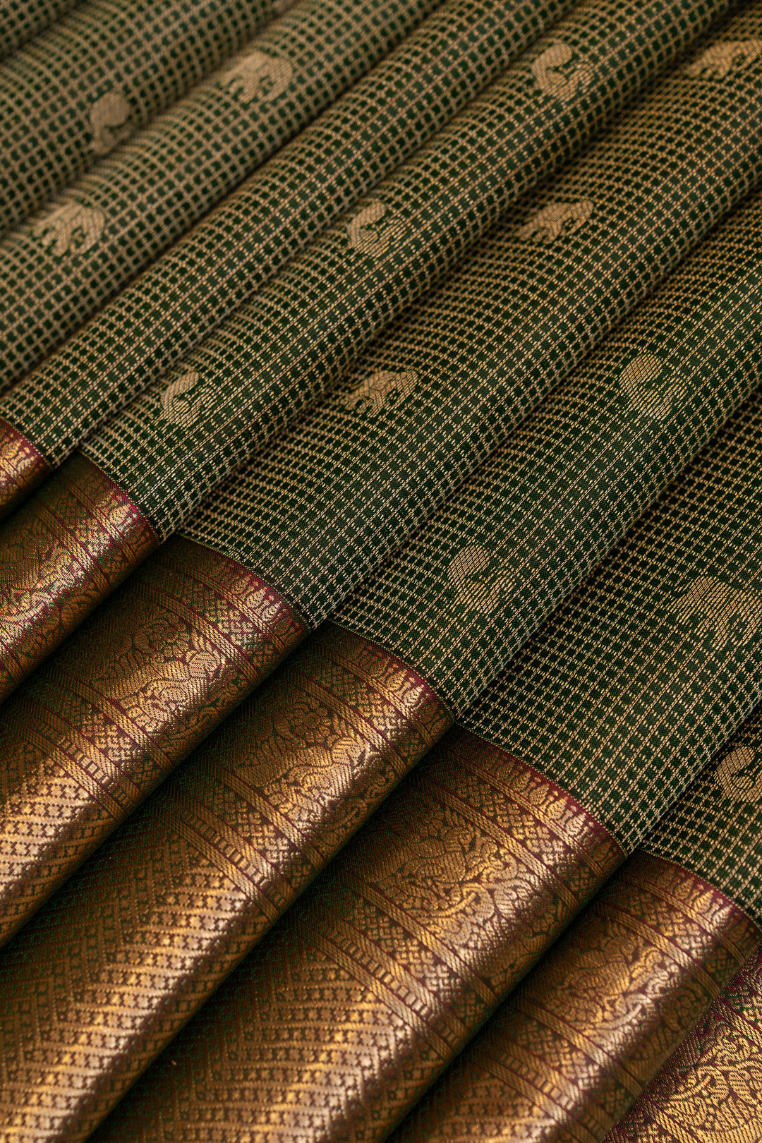 Bottle green Zari checks pure Kanchipuram silk saree