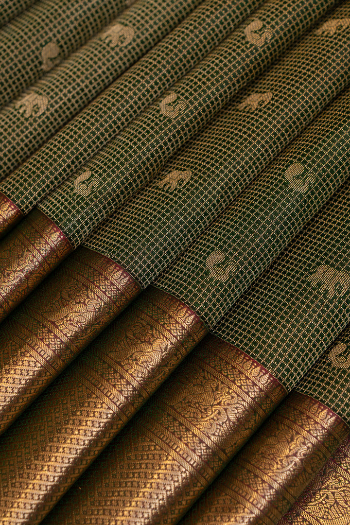 Bottle green Zari checks pure Kanchipuram silk saree