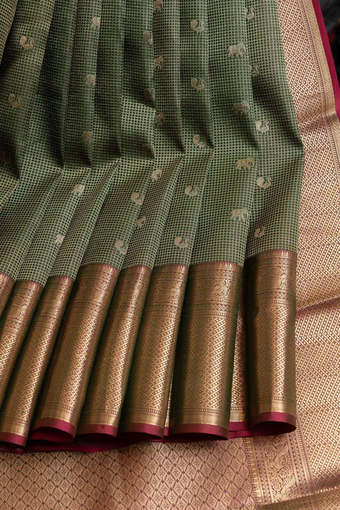 Bottle green Zari checks pure Kanchipuram silk saree