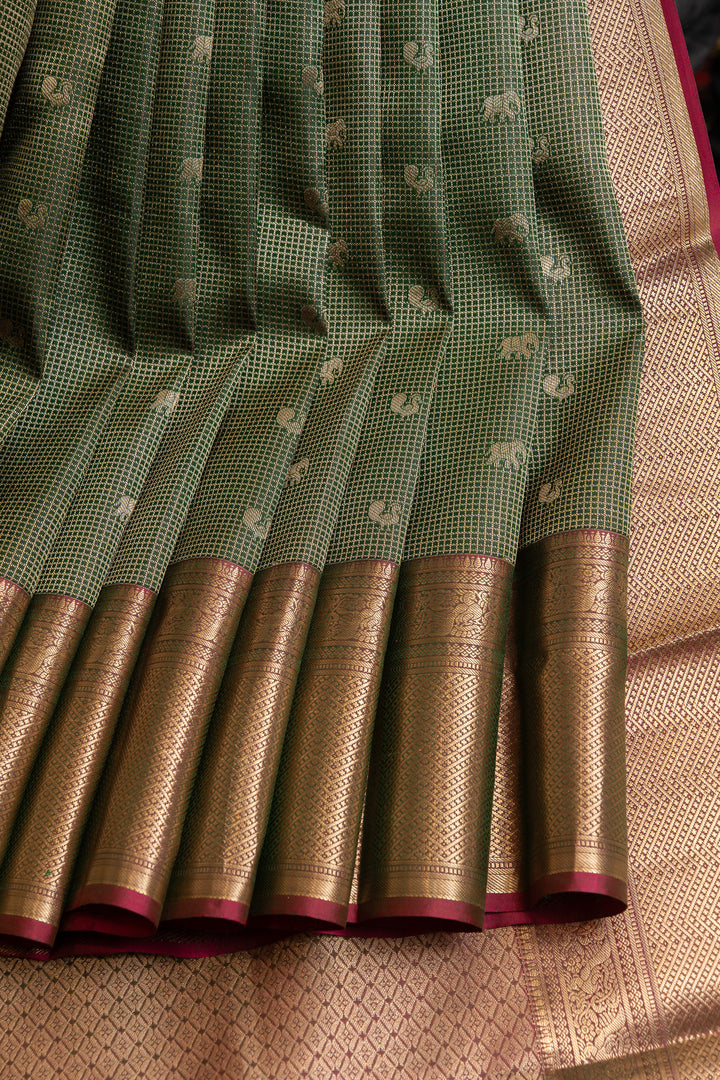 Bottle green Zari checks pure Kanchipuram silk saree