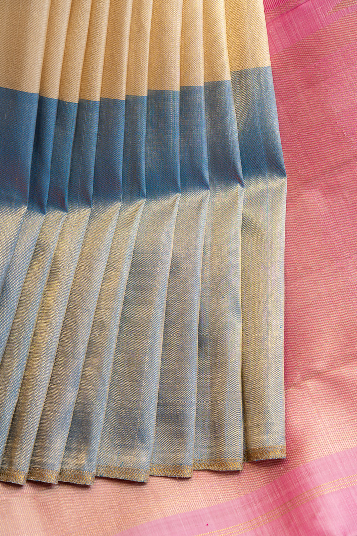 Cream and blue Mupagam pure Kanchipuram silk saree