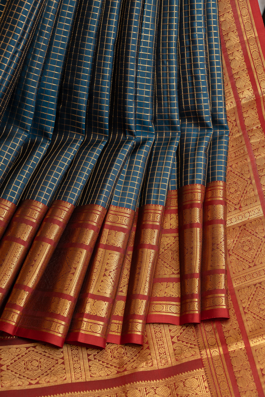 Vintage blue and red pure Kanchipuram silk saree