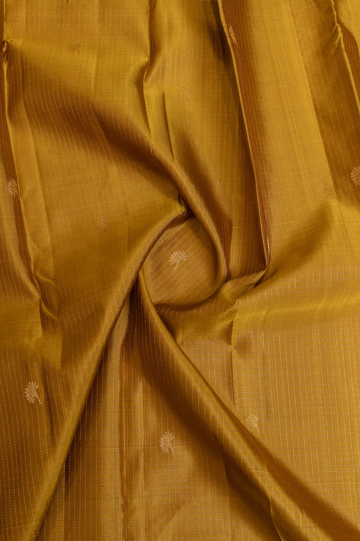 Mustard and blue Zari stripes pure Kanchipuram silk saree