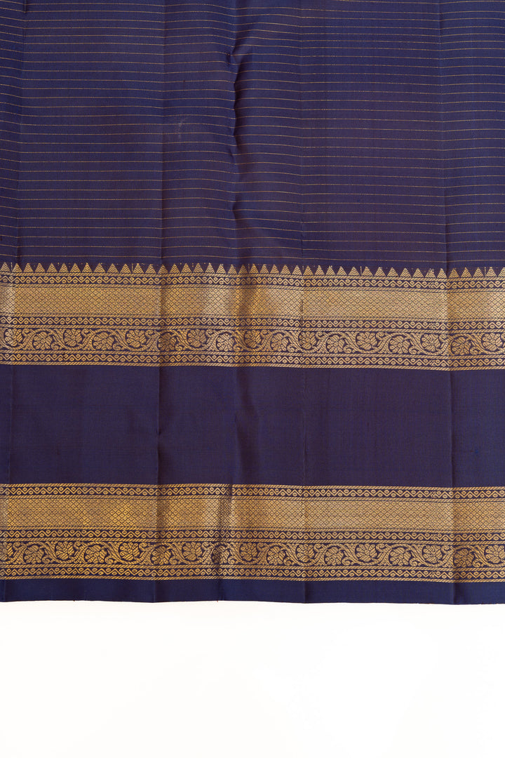 Mustard and blue Zari stripes pure Kanchipuram silk saree