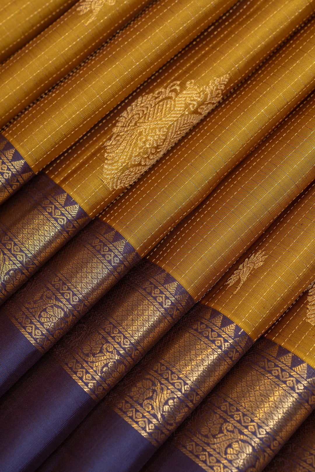 Mustard and blue Zari stripes pure Kanchipuram silk saree