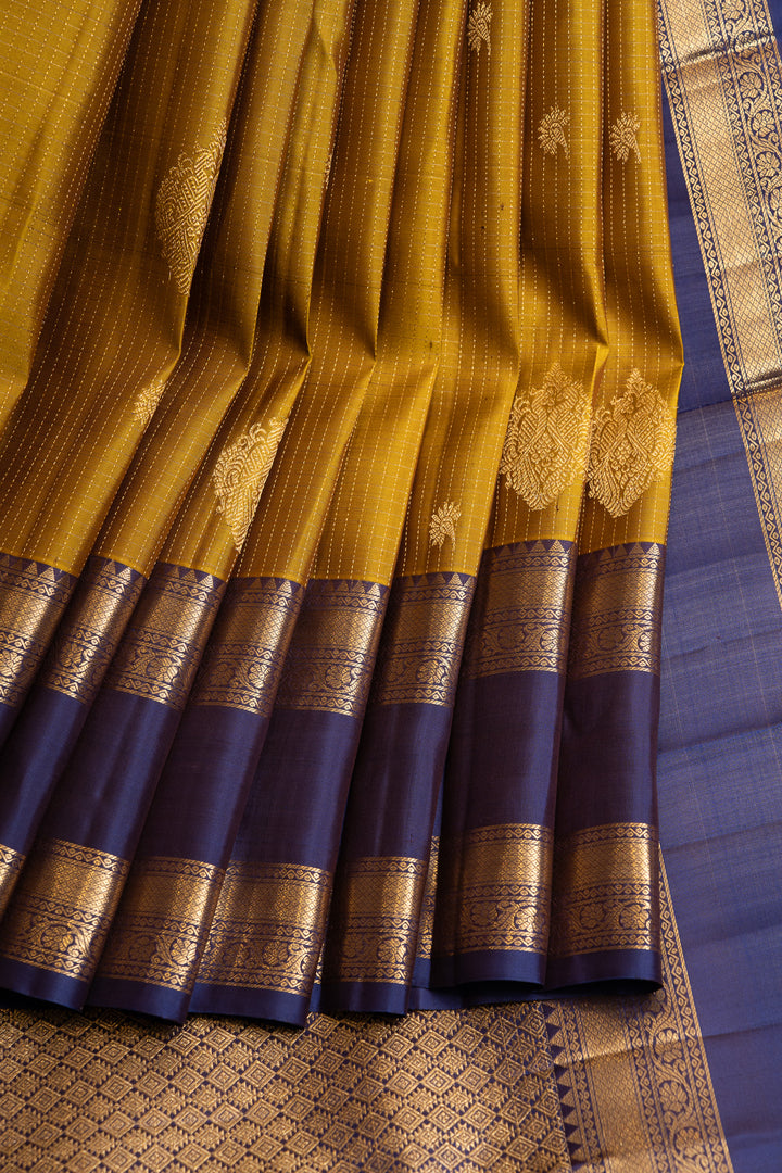 Mustard and blue Zari stripes pure Kanchipuram silk saree