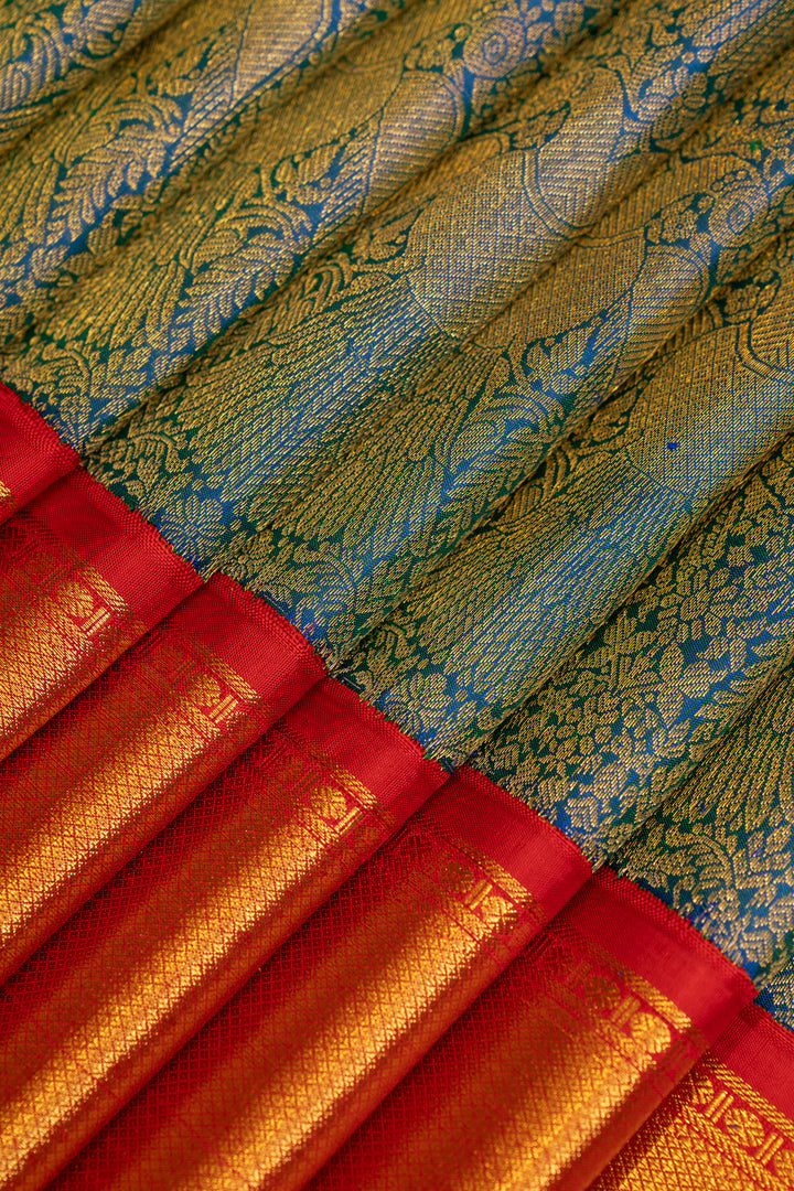 Peacock blue and red iruthalaipakshi brocade pure Kanchipuram silk saree