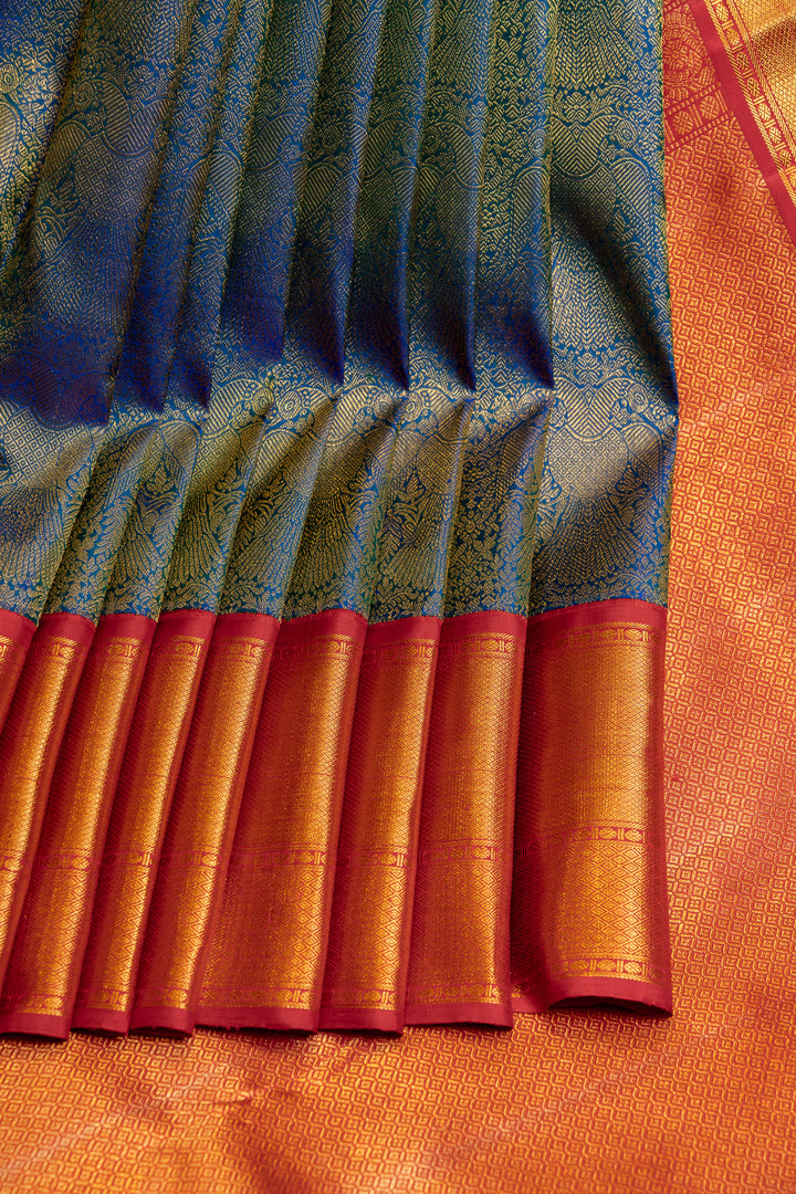 Peacock blue and red iruthalaipakshi brocade pure Kanchipuram silk saree
