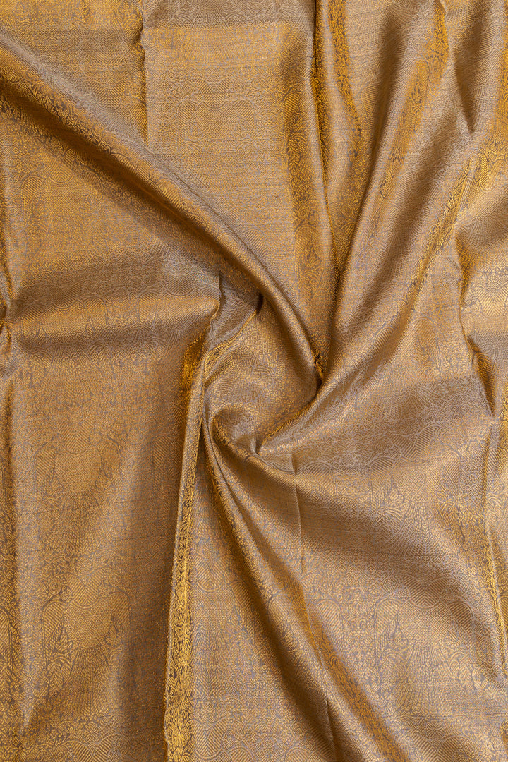 Greyish gold iruthalaipakshi brocade pure Kanchipuram silk saree