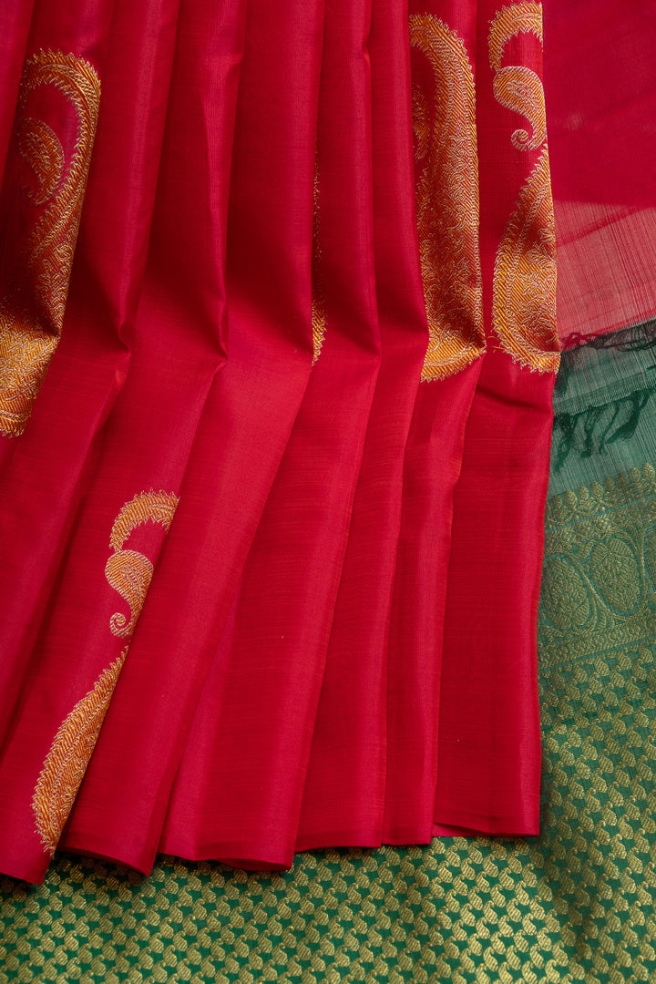 Rani pink paisley borderless pure Kanchipuram silk saree