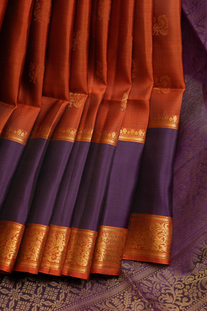 Rust orange and purple pure soft silk saree