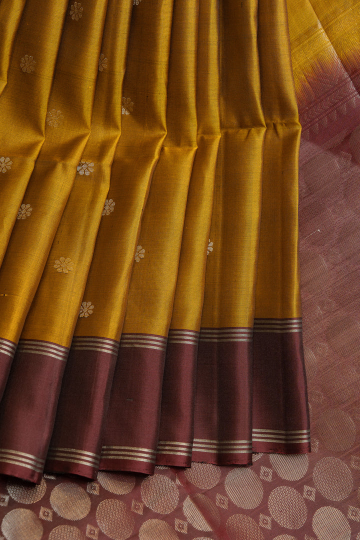 Mustard and maroon pure soft silk saree